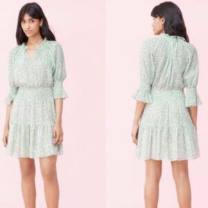 Rebecca Taylor Green Ikat Leaf Print Metallic Stripe Smock Waist Mini Dress XS